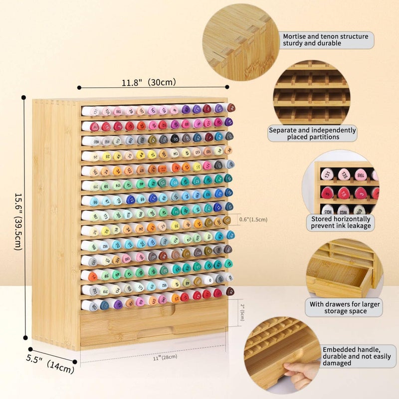 AUTOARK Natural Bamboo Marker Organizer with Drawer,182 Slots,Large Art Supply Storage for Artists,Teachers,Students - No Assembly Sturdy Desk Organizer for Classroom Office Decor,AHK-065 - Image 2